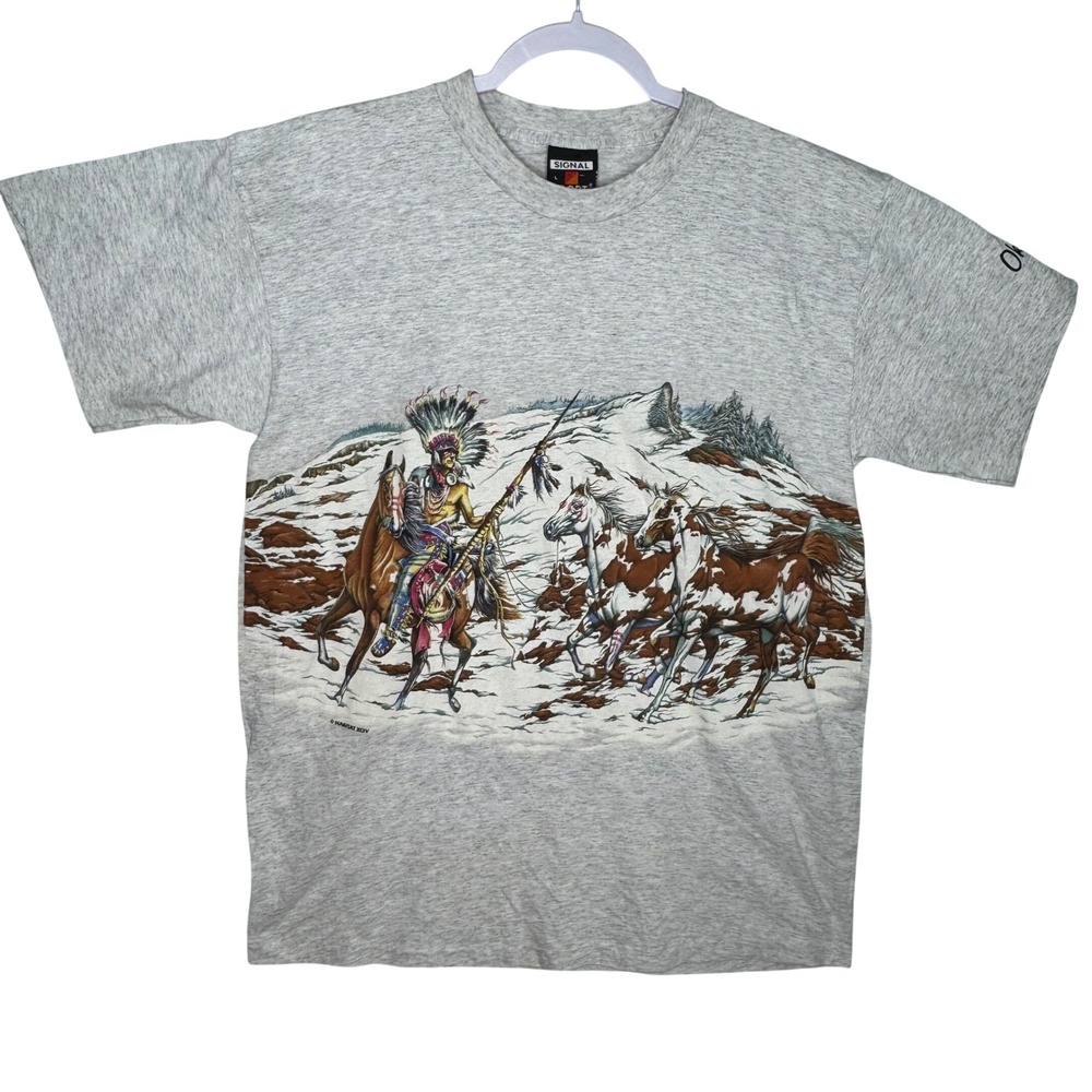Signal Sport Mens L Graphic‎ T Shirt Native American Horse Rider Oklahoma Print